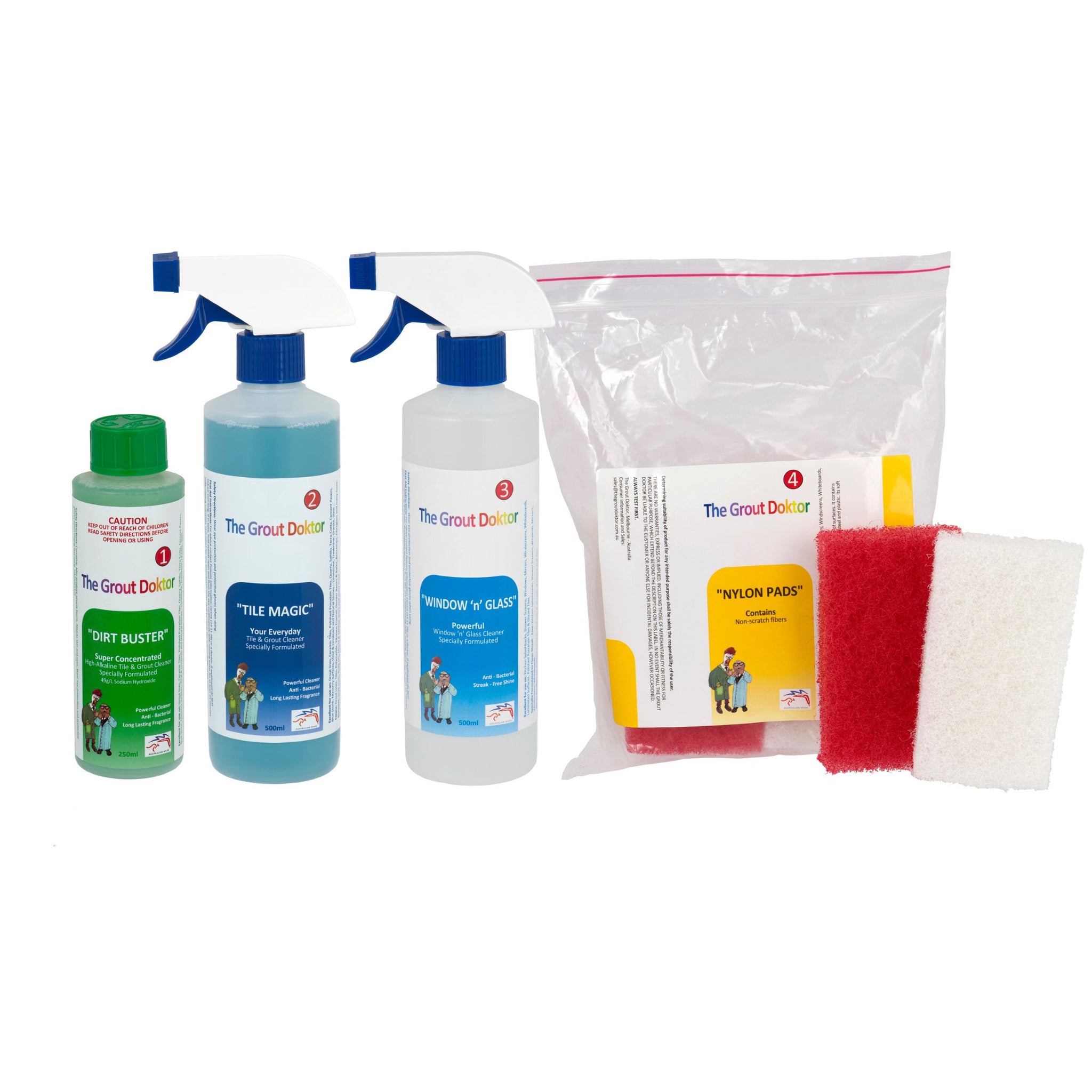 The Grout Doktor cleaning 1 Dirt Buster concentrate 1 Tile Magic Spray Bottle 1 Window and Glass Cleaner and a Pack of 2 white and 2 red Nylon Pads