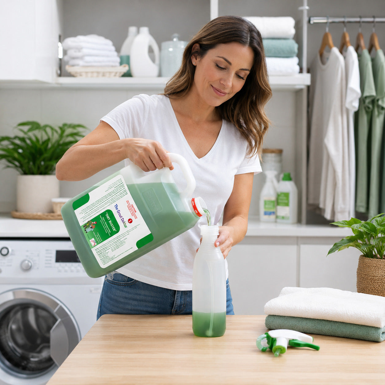 A woman in a white t-shirt and jeans pours green laundry detergent from a large plastic jug into a white spray bottle on a wooden table in a bright laundry room.