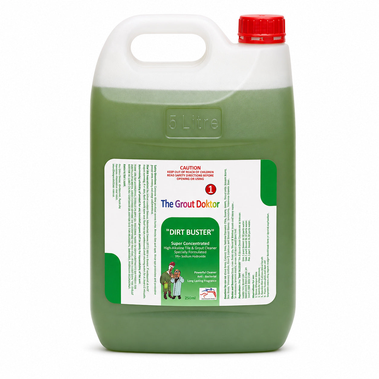 A 5 litre plastic jug of The Grout Doktor Dirt Buster grout, filled with green liquid and featuring a white and red cap, on a white background.