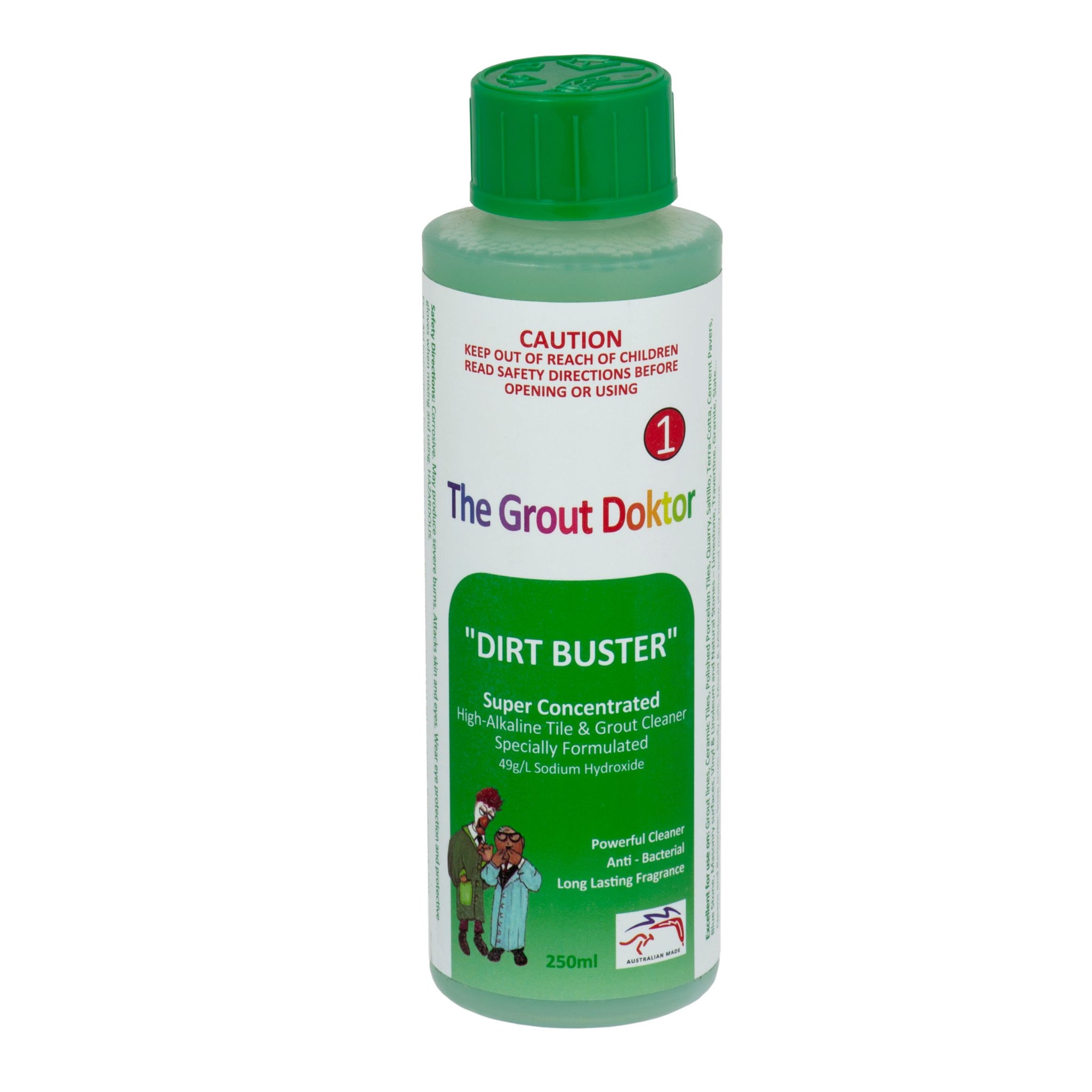 A 250ml bottle of The Grout Doktor 'Dirt Buster' grout cleaner, featuring a green cap, white label, and green lower section with product details and a cartoon illustration.