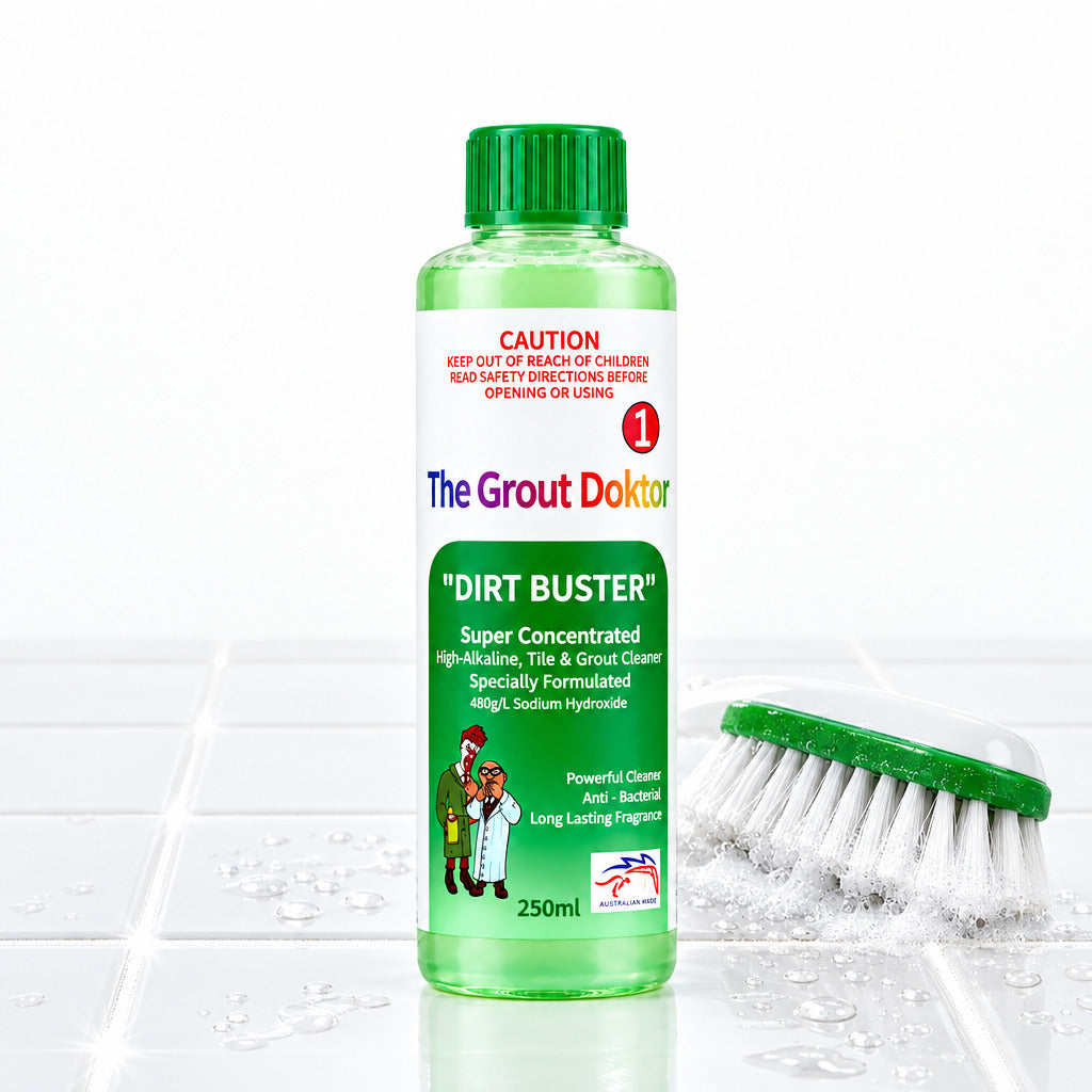 A 250ml bottle of The Grout Doktor 'Dirt Buster' grout cleaner, featuring a green cap, white label, and green lower section with product details and a cartoon illustration.