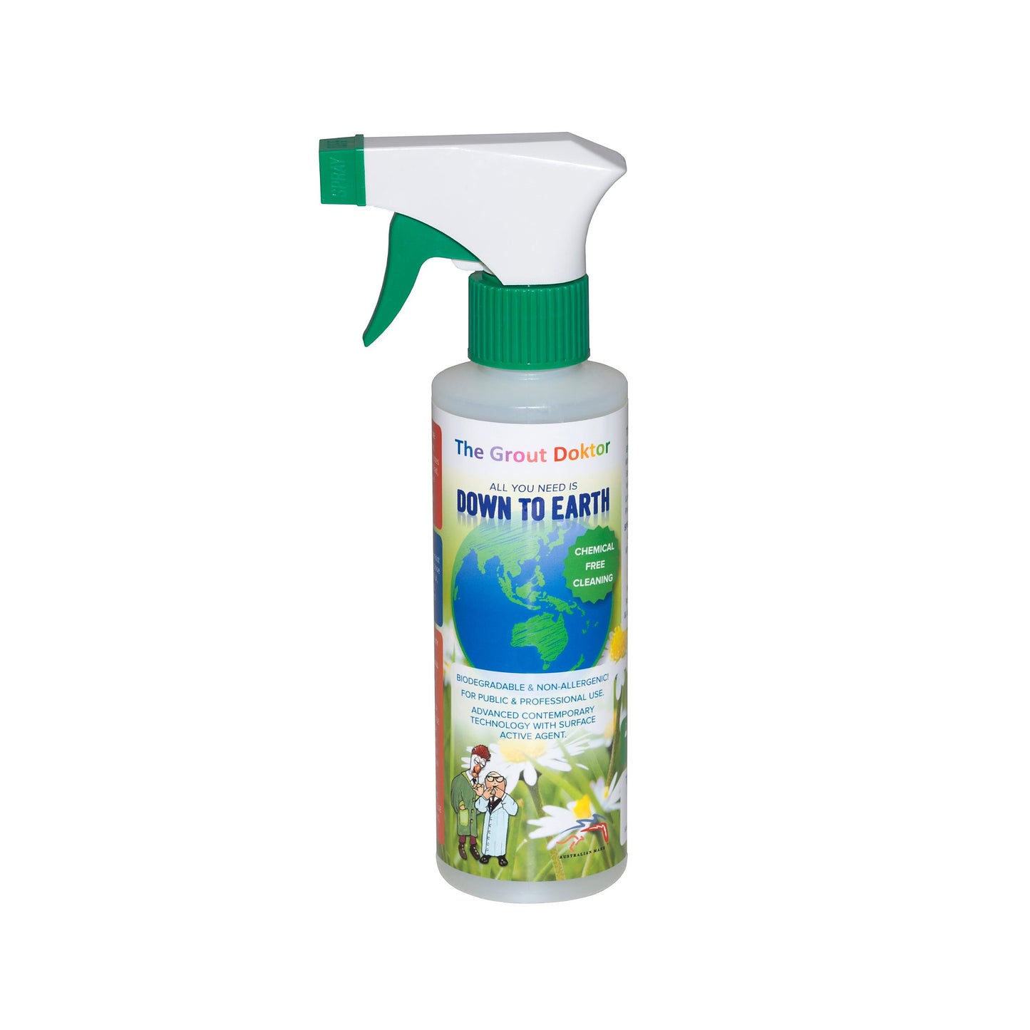 A bottle of The Grout Doktor 'Down to Earth' cleaning solution spray. The product is in a clear plastic bottle with a white spray trigger head and a green trigger mechanism and collar.