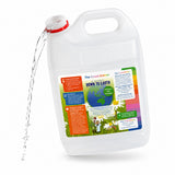 A white plastic jug of The Grout Doktor Down to Earth  cleaner with a colorful label, shown with cleaner pouring out of the open cap on a white background.