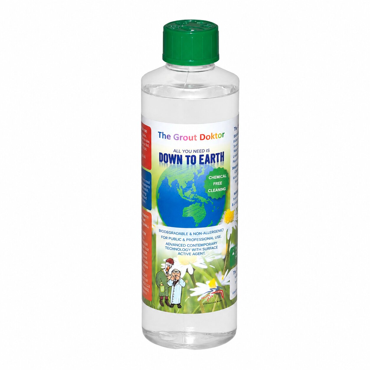 A bottle of The Grout Doktor Down to Earth chemical-free cleaning solution, featuring a green cap and a colorful label with a globe graphic, on a solid white background.
