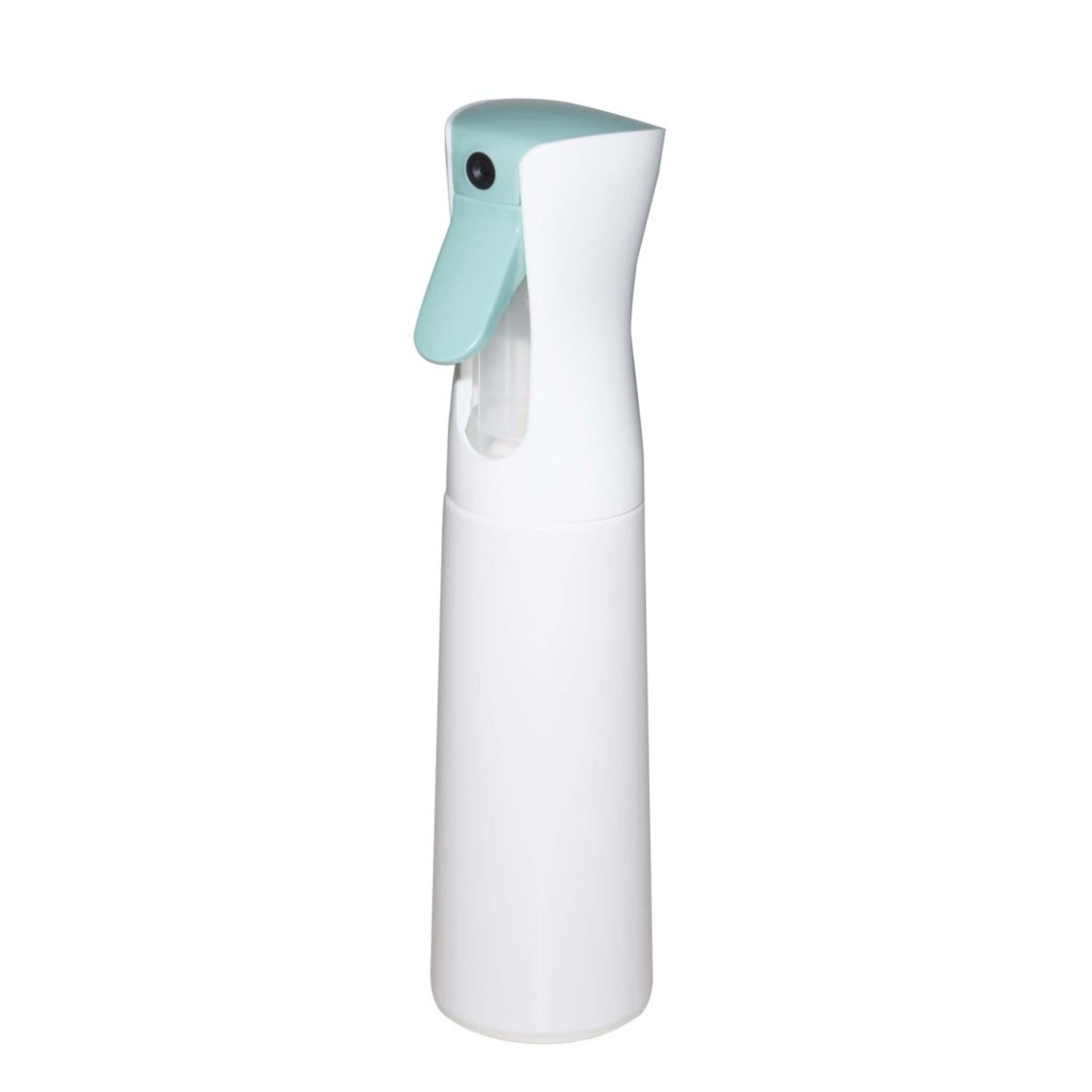 A white plastic spray bottle with a mint green trigger sprayer, shown on a solid white background.