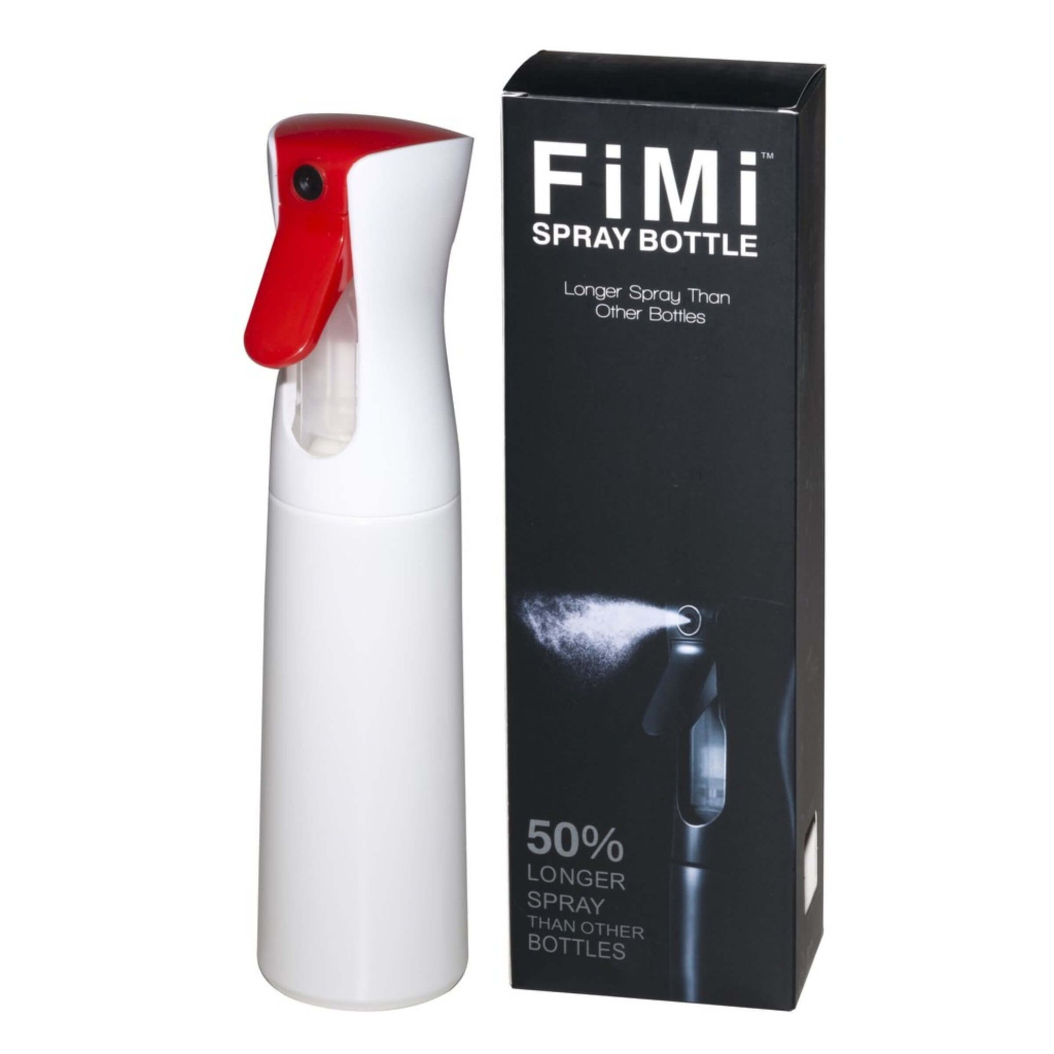 A white spray bottle with a red trigger top standing next to its black retail box labeled FiMi Spray Bottle on a plain white background.