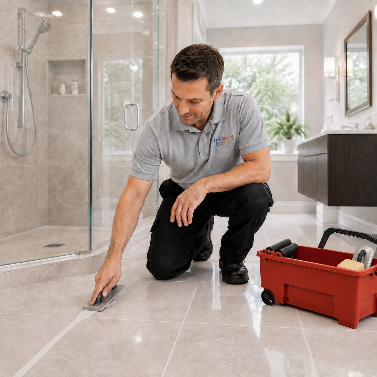 A male repairing grout lines, kneels on a tiled bathroom floor next to a red utility bin, using a floor scrubber on a shower floor. The background shows a modern bathroom with a glass shower enclosure and a vanity.