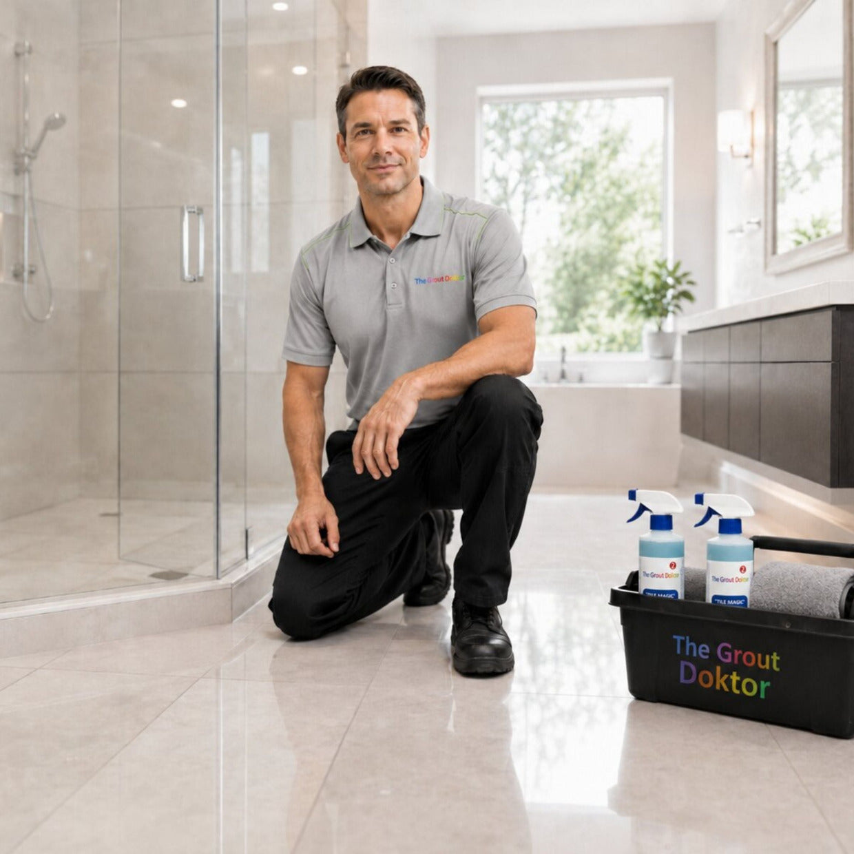 A man in a gray polo shirt and black pants kneels on a tiled bathroom floor next to a black storage bin containing cleaning products branded 'The Grout Doktor'. The background shows a modern glass shower enclosure and a bathroom interior.