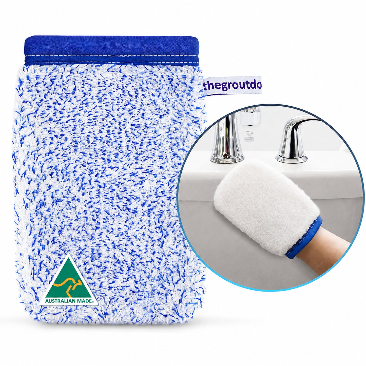 A blue and white microfiber cleaning Mitt shown on a white background, with a circular inset demonstrating a hand wearing the mitt near a sink. A small logo at the bottom left reads Australian Made, and partial text at the top right appears to read TheGroutDok.