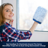 A woman wearing a blue and red plaid shirt cleans a window with a blue and white microfiber cloth. A text banner at the bottom reads: 'Say Goodbye To Chemicals Around The Home Microfiber Traps Dirt & Dust Using Electrostatic Charge'.
