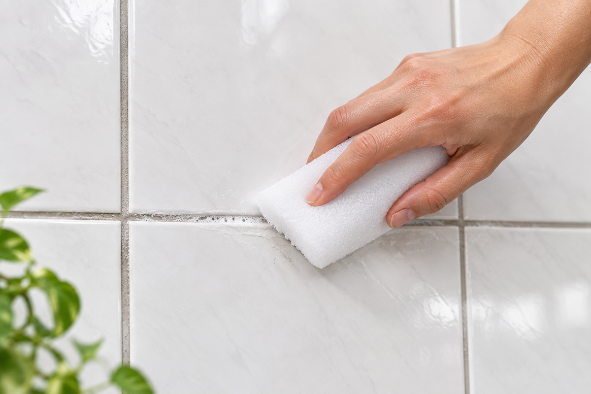 A hand holding a white nylon pad and cleaning white tiles.
