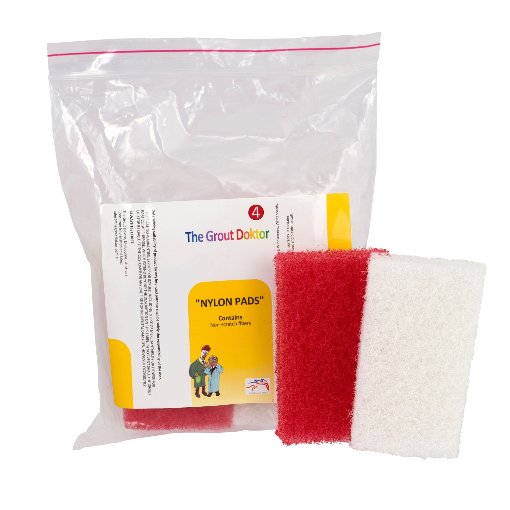 The Grout Doktor Nylon Pads set, containing a clear plastic bag with a white and yellow label next to two rectangular cleaning pads, one red and one white.
