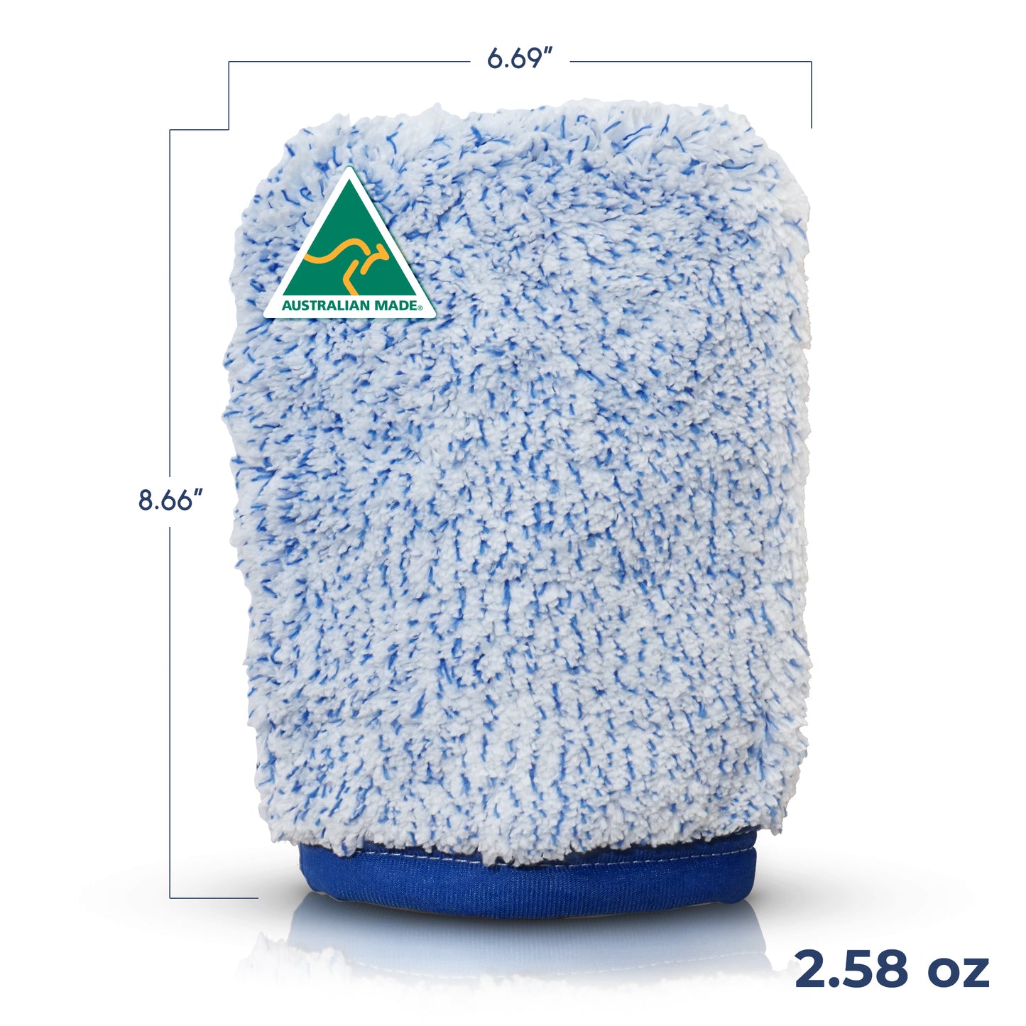 A blue and white microfiber cleaning cloth with a blue fabric base, shown on a white background with dimension lines indicating 8.66 inches by 6.