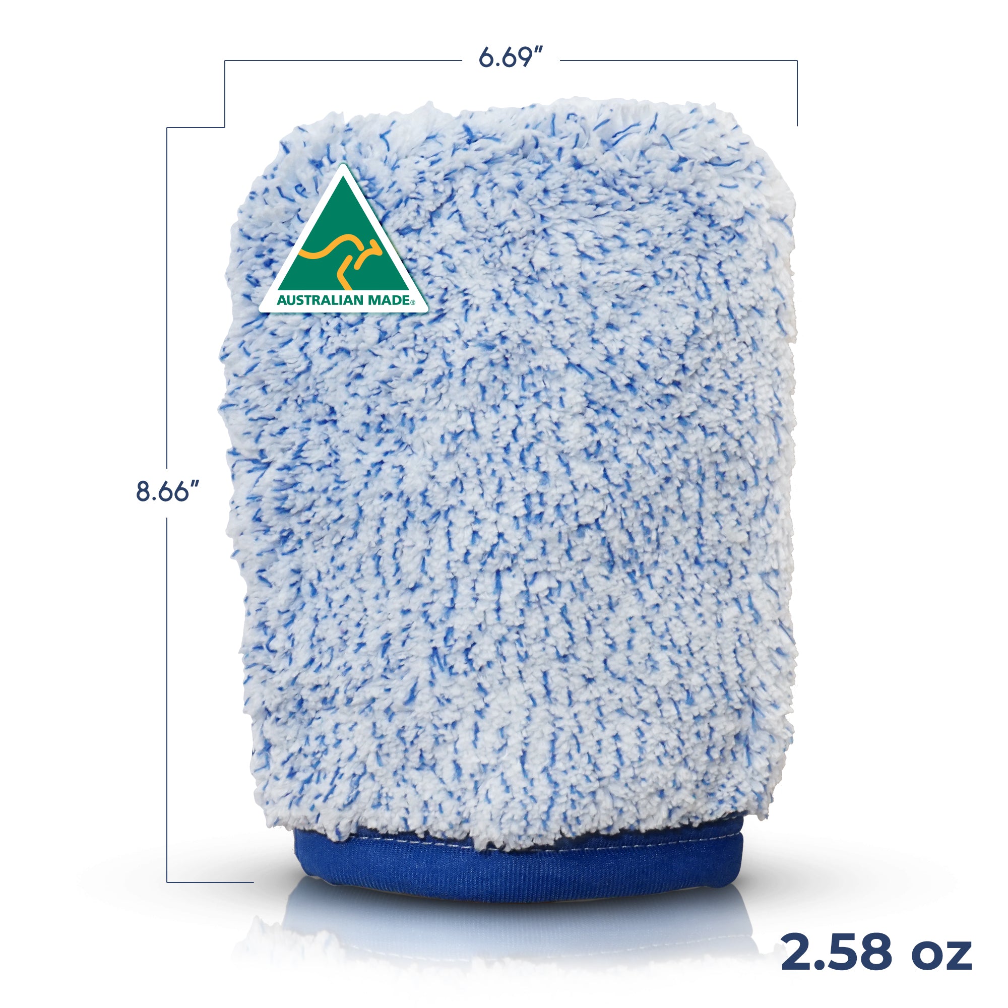 A blue and white microfiber cleaning cloth with a blue fabric base, shown on a white background with dimension lines indicating 8.66 inches by 6.
