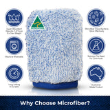 A light blue and white microfiber cleaning cloth centered on a white background, surrounded by circular feature icons and the text 'Why Choose Microfiber?'. The cloth has an Australian Made logo on the front.