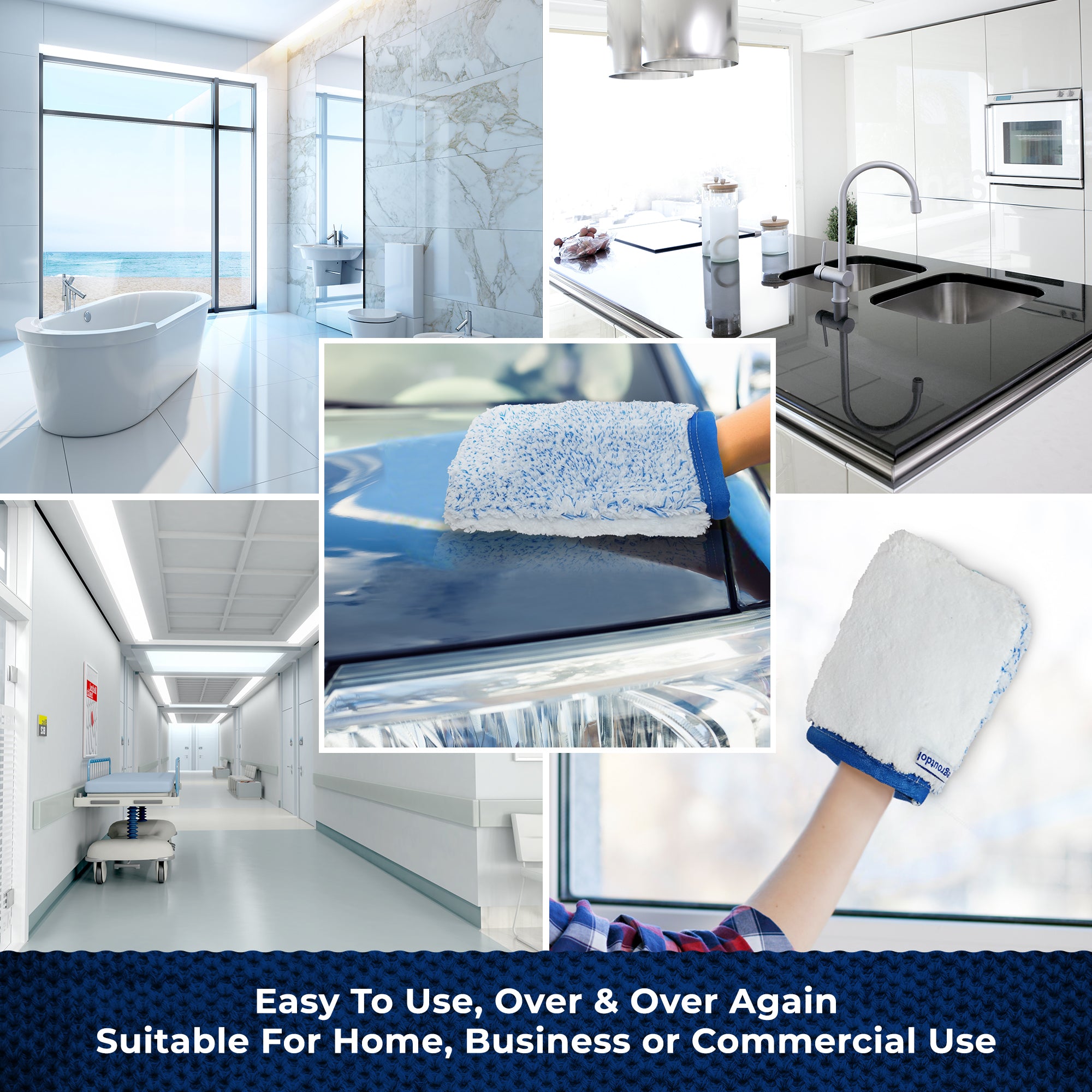 A collage showing a reusable microfiber cleaning cloth in use across multiple environments: a bathroom, kitchen, car window, hospital corridor, and a hand wiping a window. Text at the bottom reads, 'Easy To Use, Over & Over Again Suitable For Home, Business or Commercial Use.