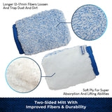 Two-sided cleaning mitt with blue trim, shown on a white background with text and circular close-up detail insets highlighting the soft, fluffy fibers on both sides.