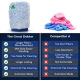 A comparison graphic for a cleaning mitt. The top shows the product itself: a blue microfiber cleaning mitt on the left and a pile of pink and blue cloths on the right.