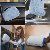 A four-panel collage showing a blue and white microfiber cleaning mitt being used in real-world cleaning scenarios: on a car door, on a sink, on a person's hand while cleaning a mirror, and on a wooden surface.