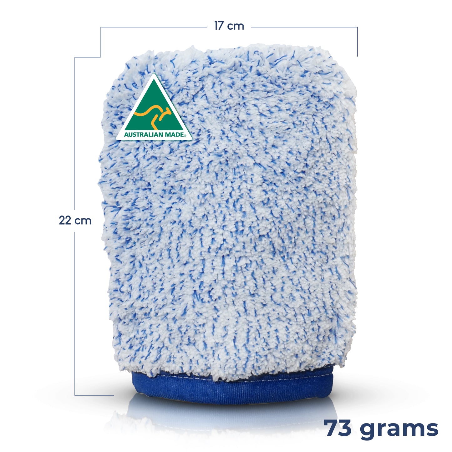 A blue and white microfiber cleaning cloth with a blue fabric base, shown with dimension lines indicating 17 cm width, 22 cm height, and 73 grams weight. An Australian Made logo is visible on the front.