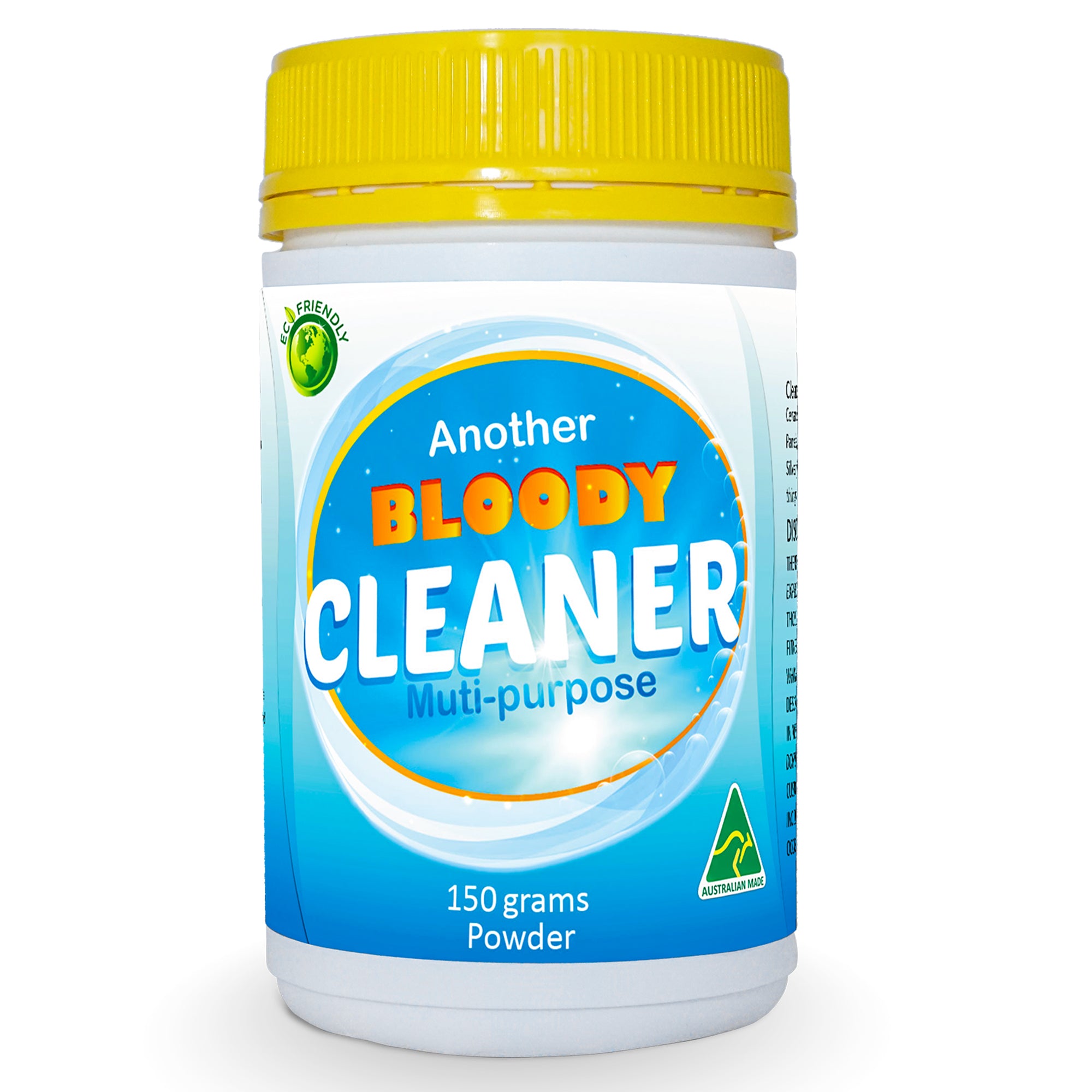 A white plastic bottle of 'Another Bloody Cleaner' multi-purpose powder with a bright yellow ribbed cap, set against a plain white background.
