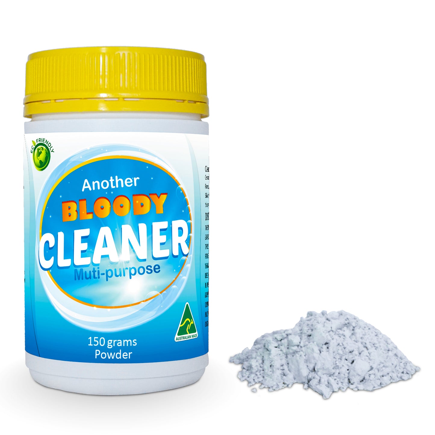 A white plastic bottle of Another Bloody Cleaner Multi-purpose powder with a bright yellow cap, shown next to a small pile of the light blue-gray powder on a white background.