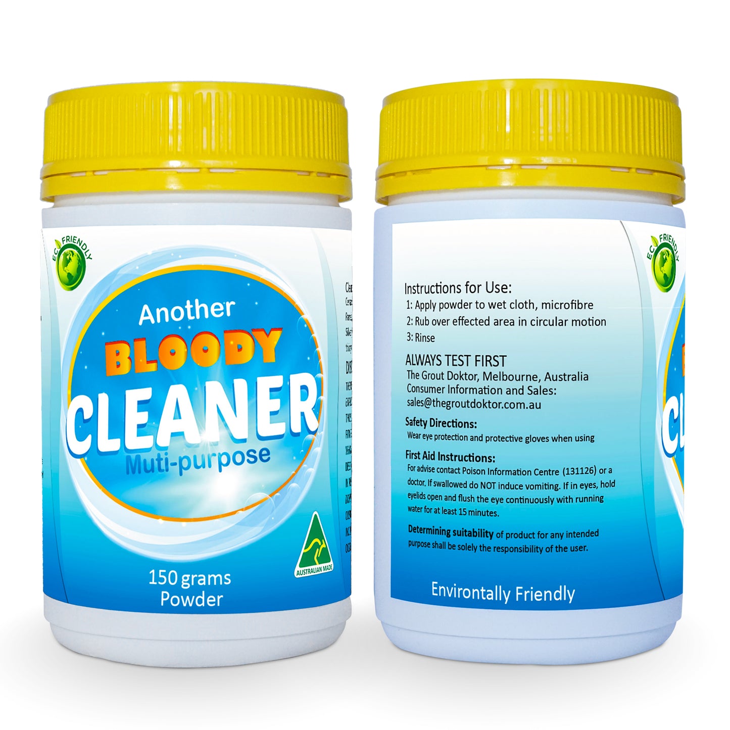 Two white plastic bottles of 'Another Bloody Cleaner' multi-purpose powder with yellow caps, showing the front and back labels on a white background.