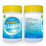 Two white plastic bottles of 'Another Bloody Cleaner' multi-purpose powder with yellow caps, showing the front and back labels on a white background.