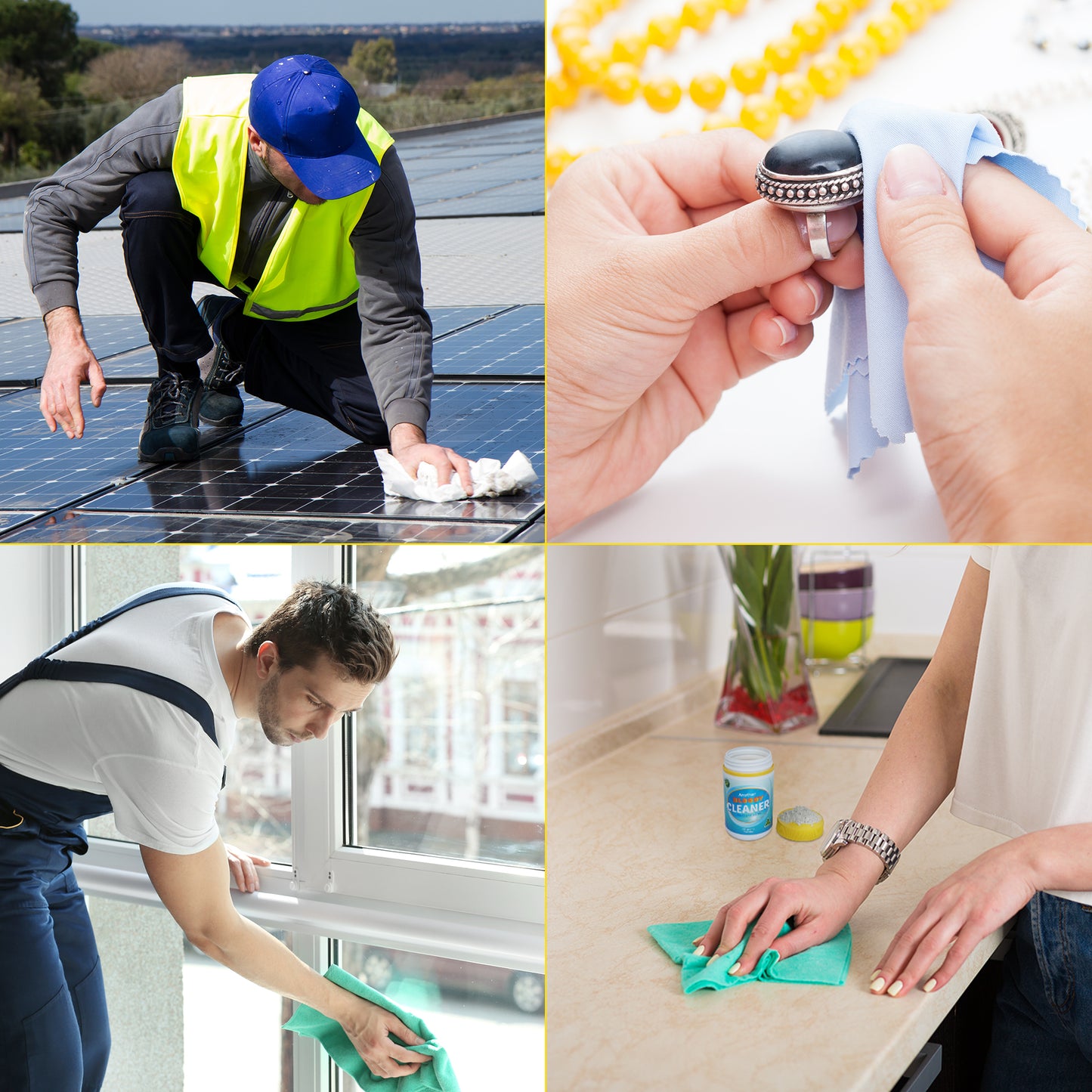 A four-panel collage showing hands and people cleaning various surfaces: wiping solar panels, cleaning a ring, cleaning a window, and wiping a kitchen countertop. The panels include a man in a high-visibility vest, close-up hands with a ring, a man in overalls, and a woman's hands at the counter.