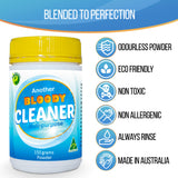 A white plastic bottle of Another Bloody Cleaner Multi-purpose powder with a yellow cap, shown next to a list of product benefits on a blue and white graphic background.