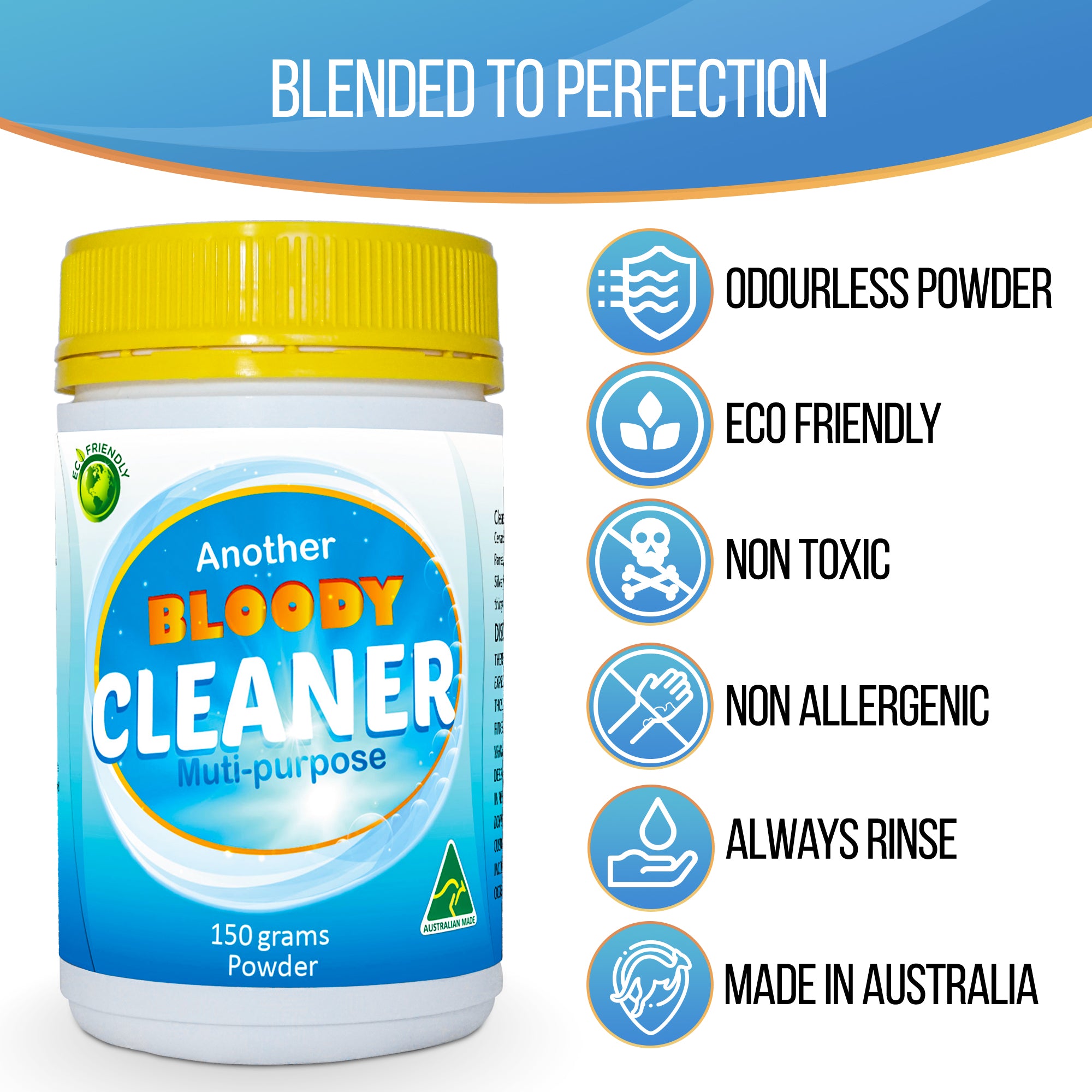 A white plastic bottle of Another Bloody Cleaner Multi-purpose powder with a yellow cap, shown next to a list of product benefits on a blue and white graphic background.