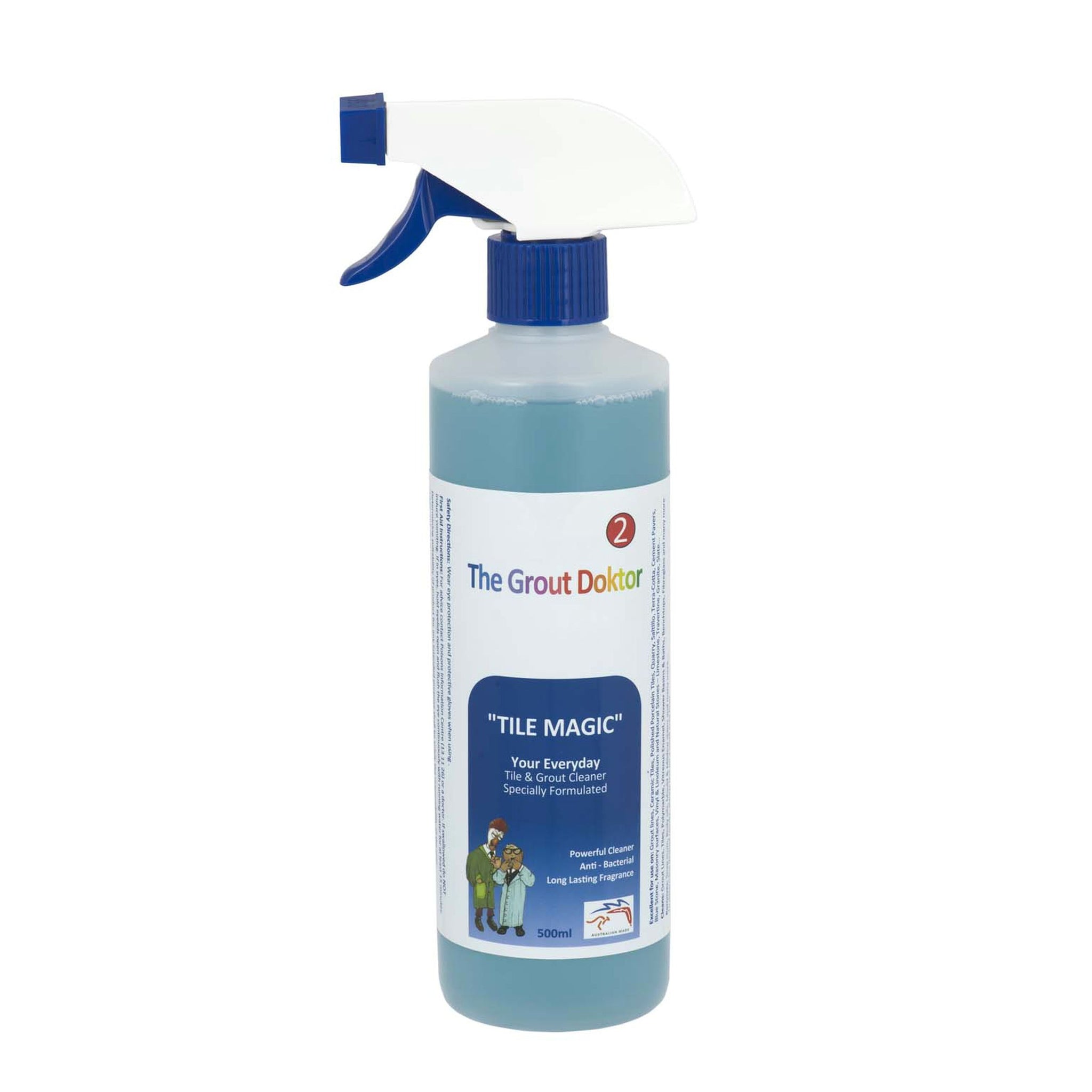 A bottle of The Grout Doktor Tile Magic cleaning solution with a white spray trigger top and blue nozzle, containing a light blue liquid, on a white background.