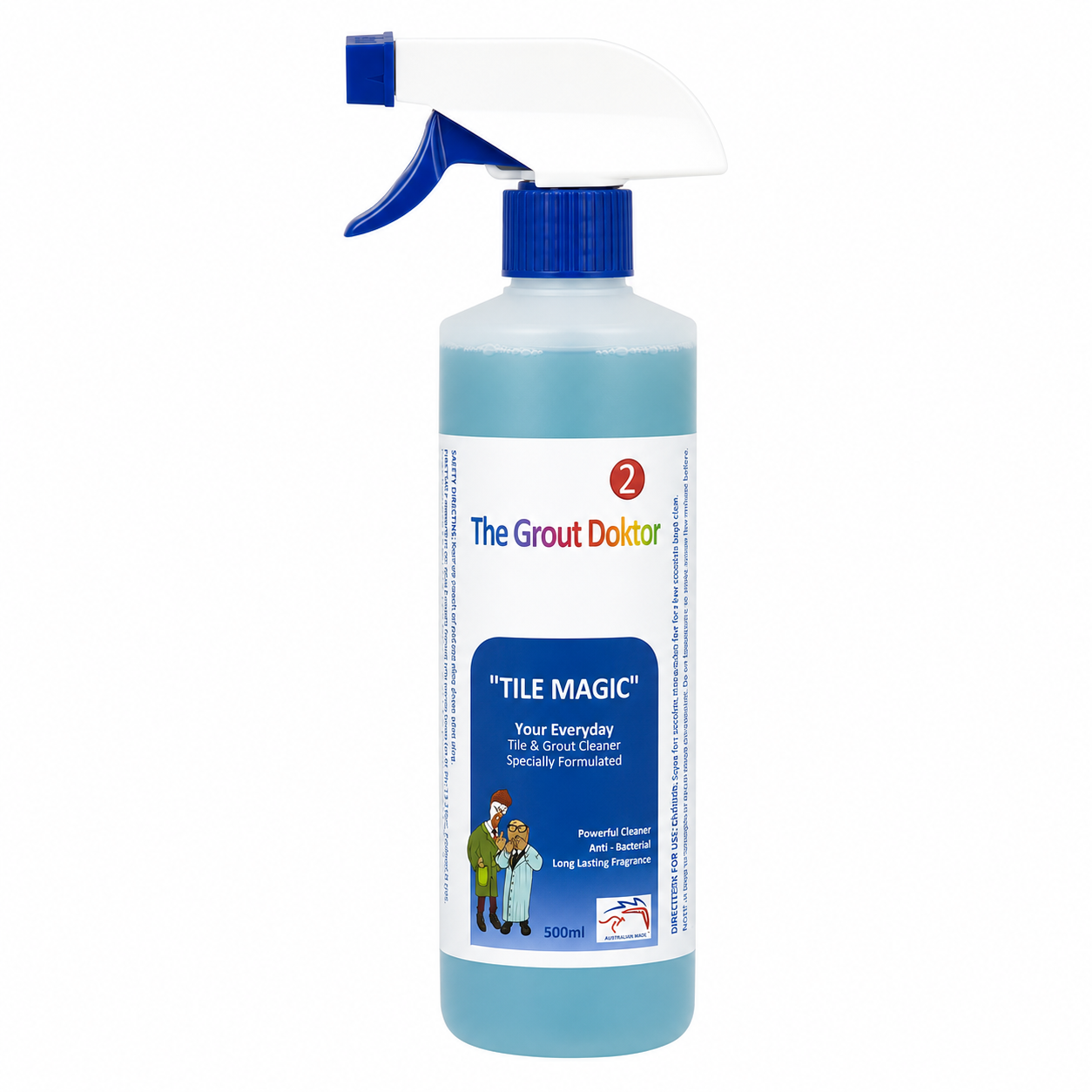 A 500ml spray bottle of The Grout Doktor 'Tile Magic' tile and grout cleaner, featuring a white trigger sprayer, blue nozzle, and blue liquid inside a clear bottle, set against a plain white background.