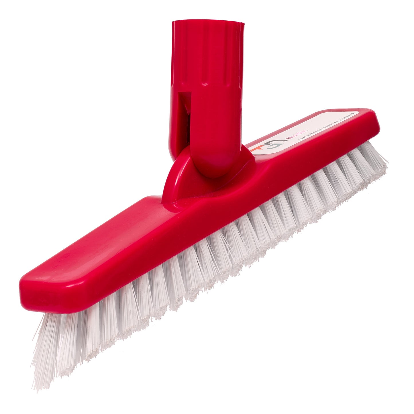 A red plastic cleaning brush attachment with white bristles, shown on a plain white background.