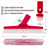 A red and white cleaning brush with dimension labels and feature text on a white background. The image shows the full brush, a close-up of the red handle attachment, and a top-down view with measurements including 245mm width, 110mm height, 35mm handle width, and 45mm handle height.