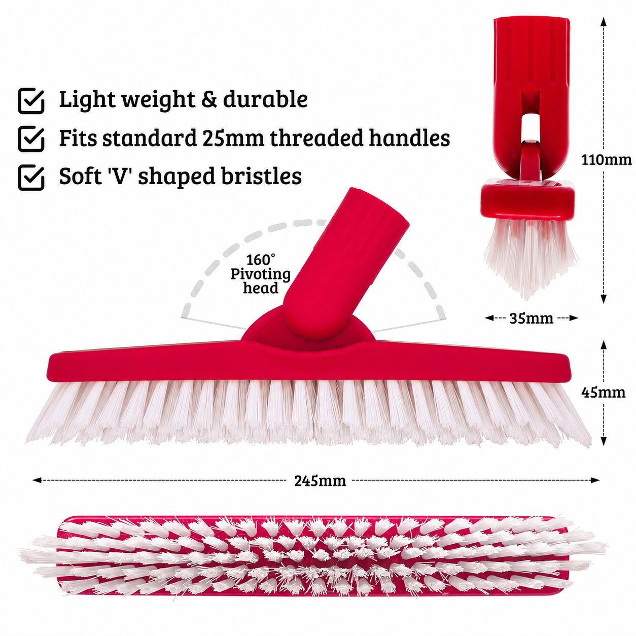 A red and white cleaning brush with dimension labels and feature text on a white background. The image shows the full brush, a close-up of the red handle attachment, and a top-down view with measurements including 245mm width, 110mm height, 35mm handle width, and 45mm handle height.