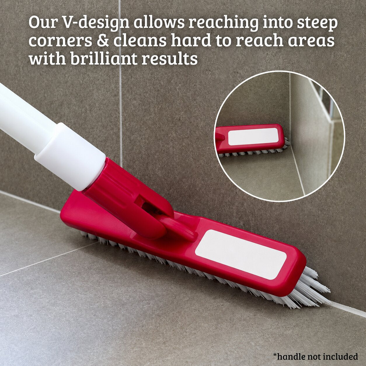 A red and white floor cleaning mop head shown on a gray tiled floor corner, with white text explaining its V-design for reaching corners and a circular inset showing the brush contact detail. A small note says handle not included.