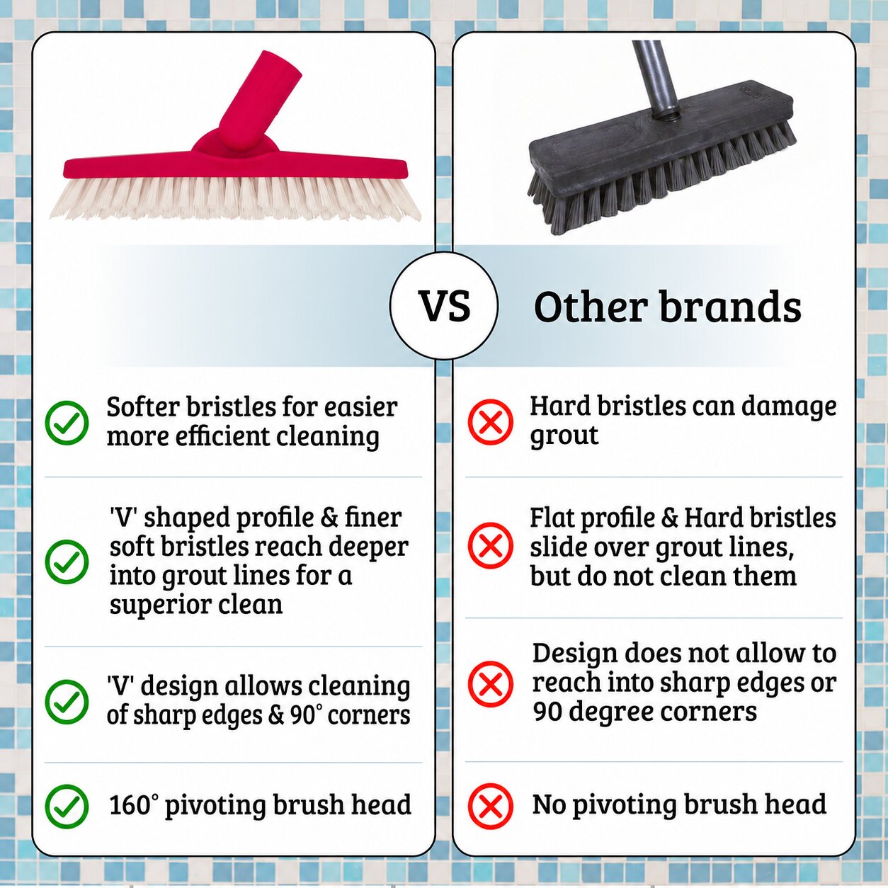 A comparison infographic showing a pink and beige cleaning brush on the left and a black sweeping brush on the right, with text comparing features such as bristle softness, V-shaped profile, corner cleaning, and pivoting head. The left brush is presented as the superior alternative to other brands.