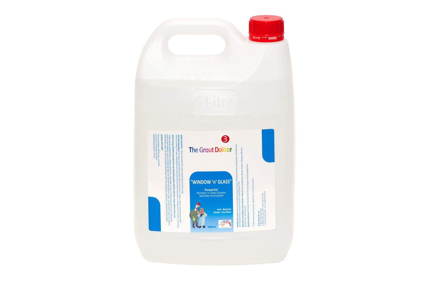 A 5-litre white plastic jug of The Grout Doctor  Window & Glass cleaner with a red cap, shown on a plain white background.