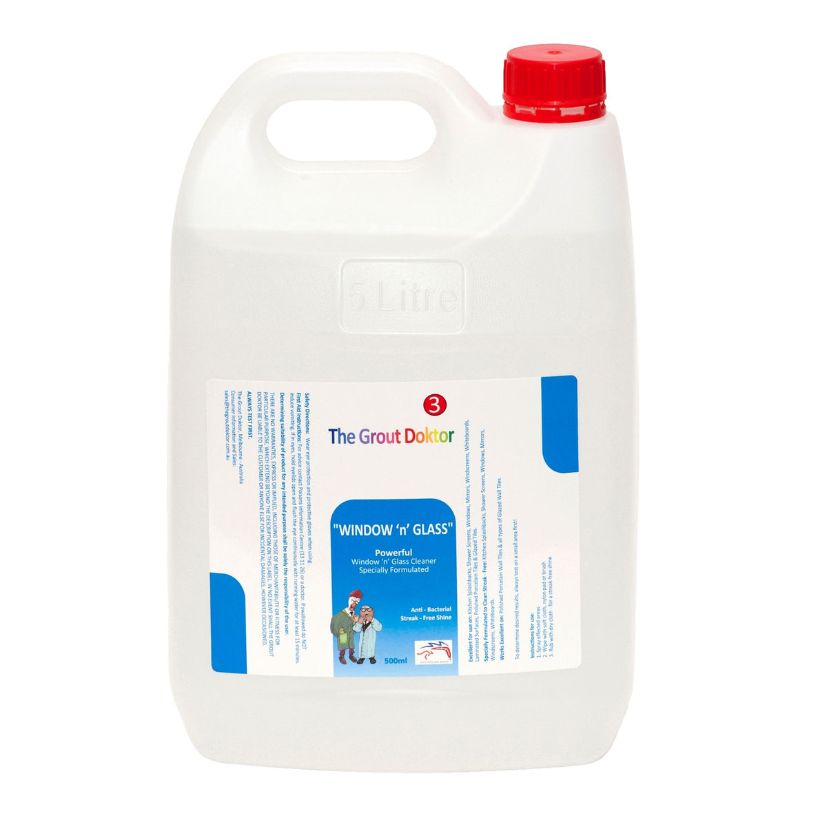 A 5-litre white plastic jug of The Grout Doctor  Window & Glass cleaner with a red cap, shown on a plain white background.