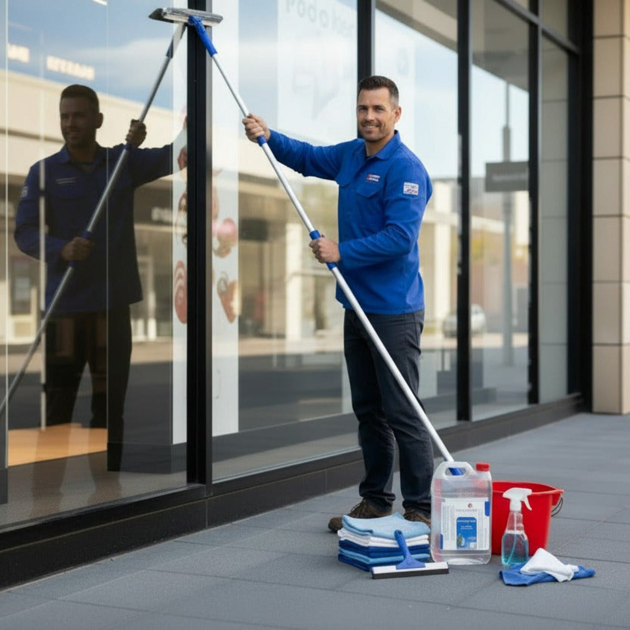 A 5-litre plastic bottle of The Grout Doktor 'Window 'n' Glass' cleaner, featuring a window cleaner, using the product.