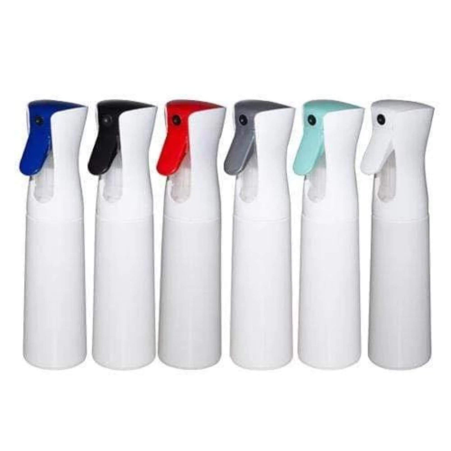Six white spray bottles with different colored trigger tops in blue, black, red, gray, mint green, and white, arranged in a row against a plain white background.